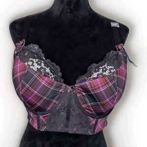 NEWCACIQUE LANE BRYANT PINK BLACK PLAID LIGHTLY LINED BALCONETTE BRA 44DD